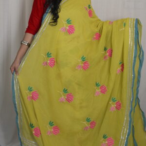 MulMul Cotton Embroidery Sarees MMCE06 - Lime Yellow Green