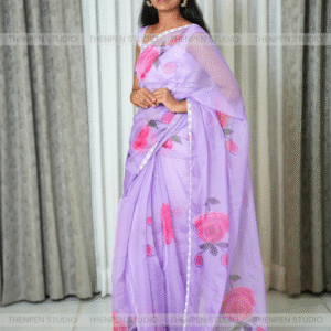 Organza Saree With Floral Prints- Lavender