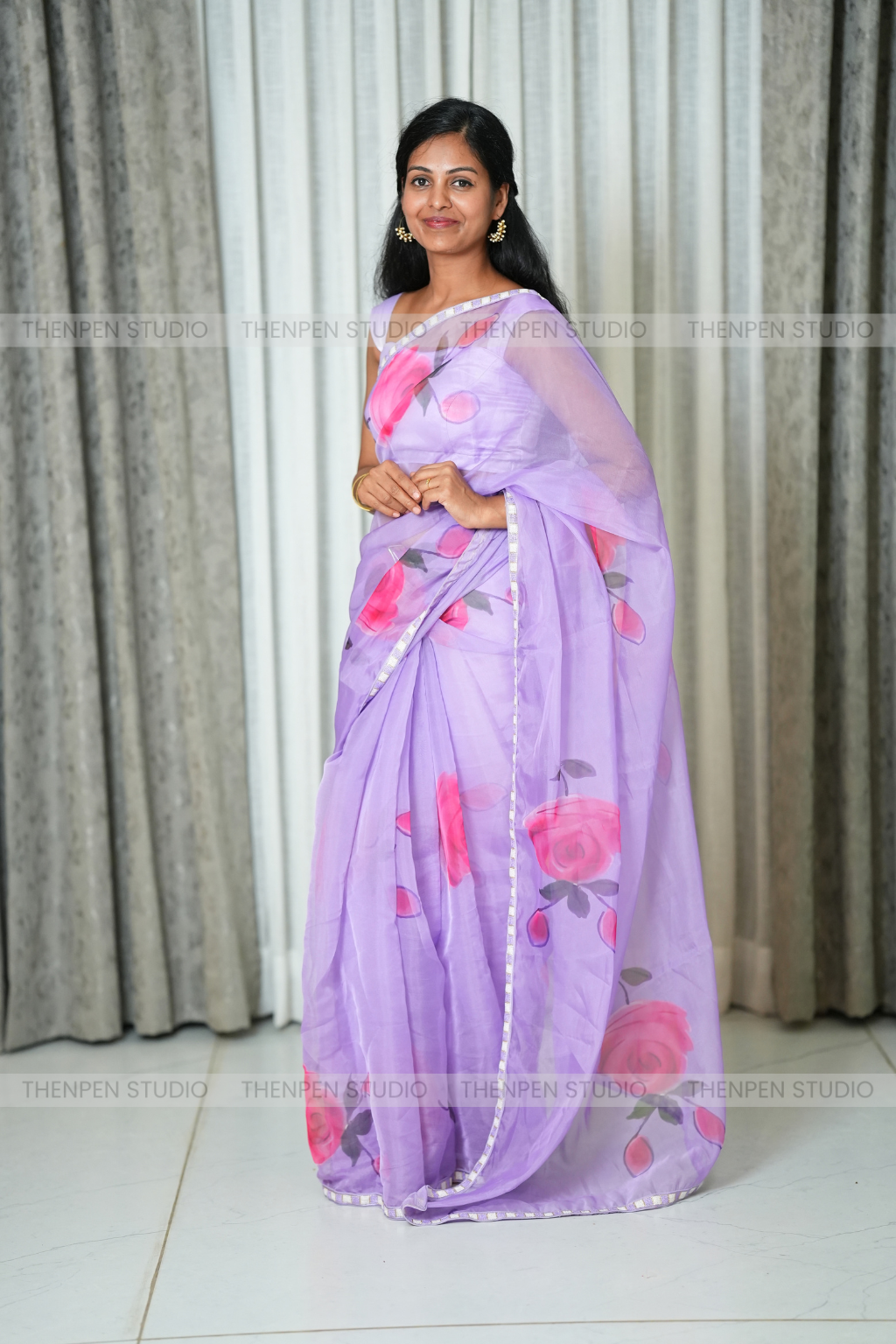 Organza Saree With Floral Prints- Lavender