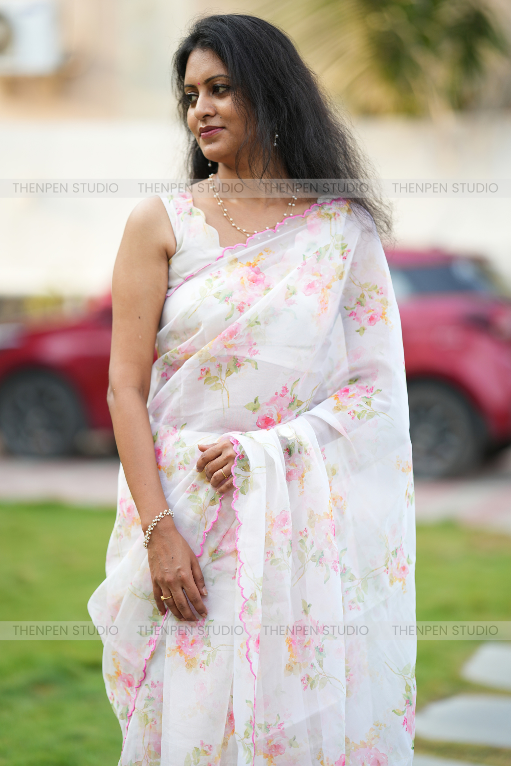 Organza Saree with Floral Prints- Half White - Image 2