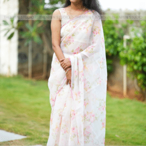 Organza Saree with Floral Prints- Half White