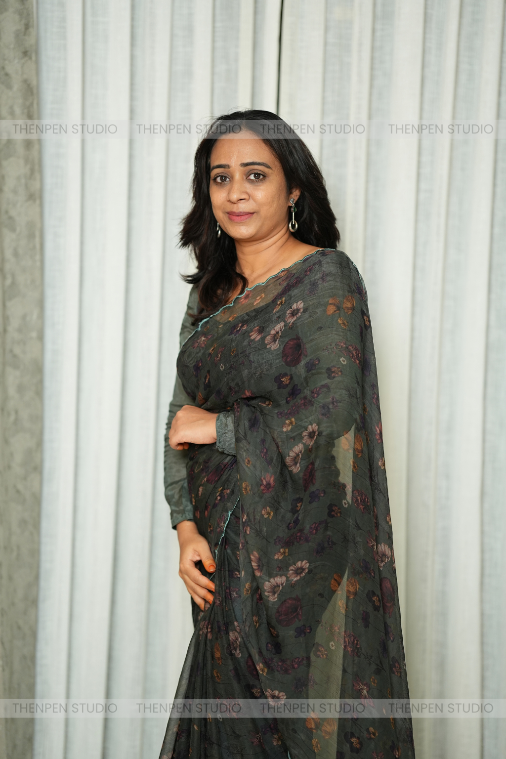 Scallop Border Chiffon Saree - Green - Image 2