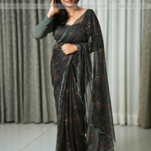 Scallop Border Chiffon Saree - Green