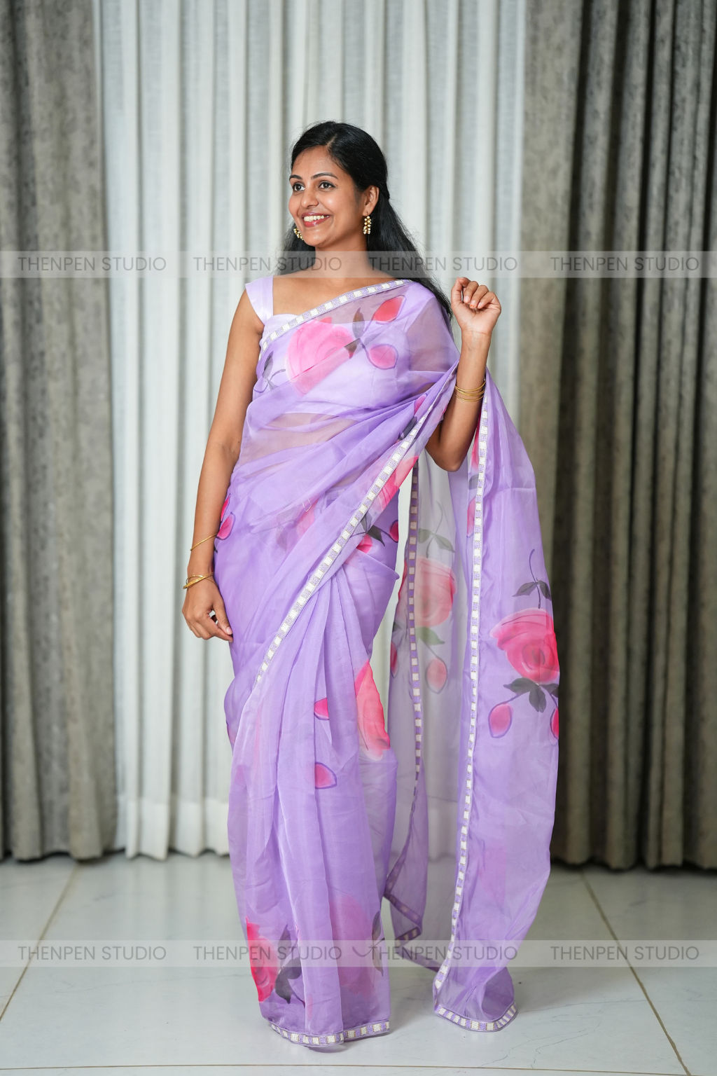 Organza Saree With Floral Prints- Lavender - Image 3