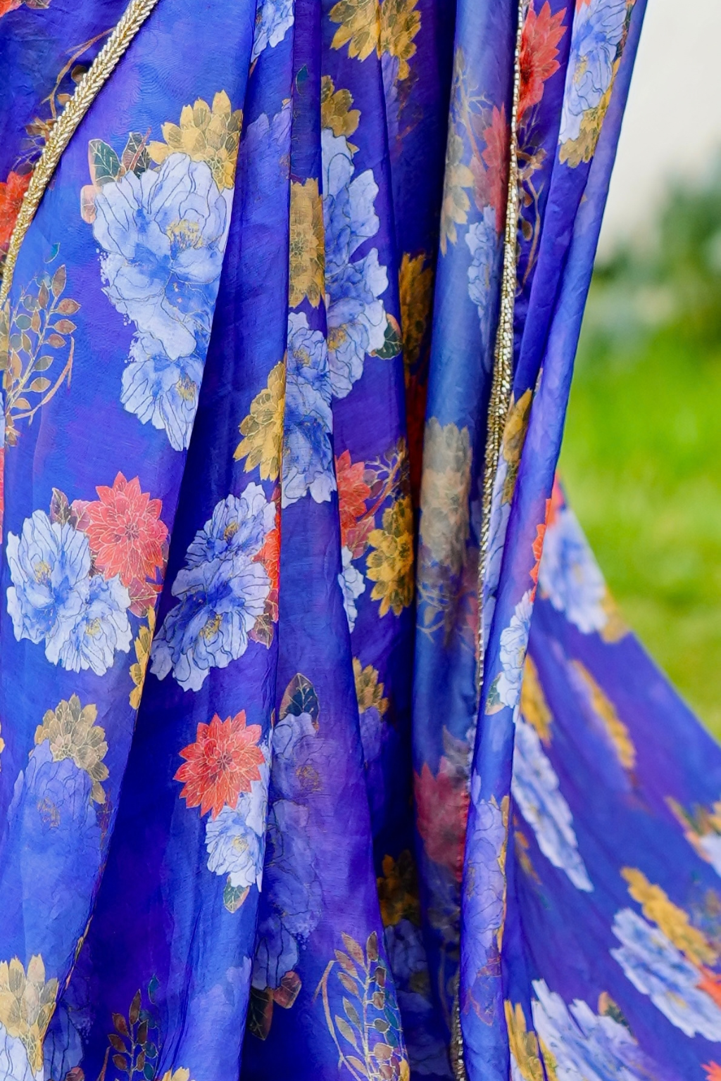 Blue Glossy Fendy Saree with Handwork Border - Image 3