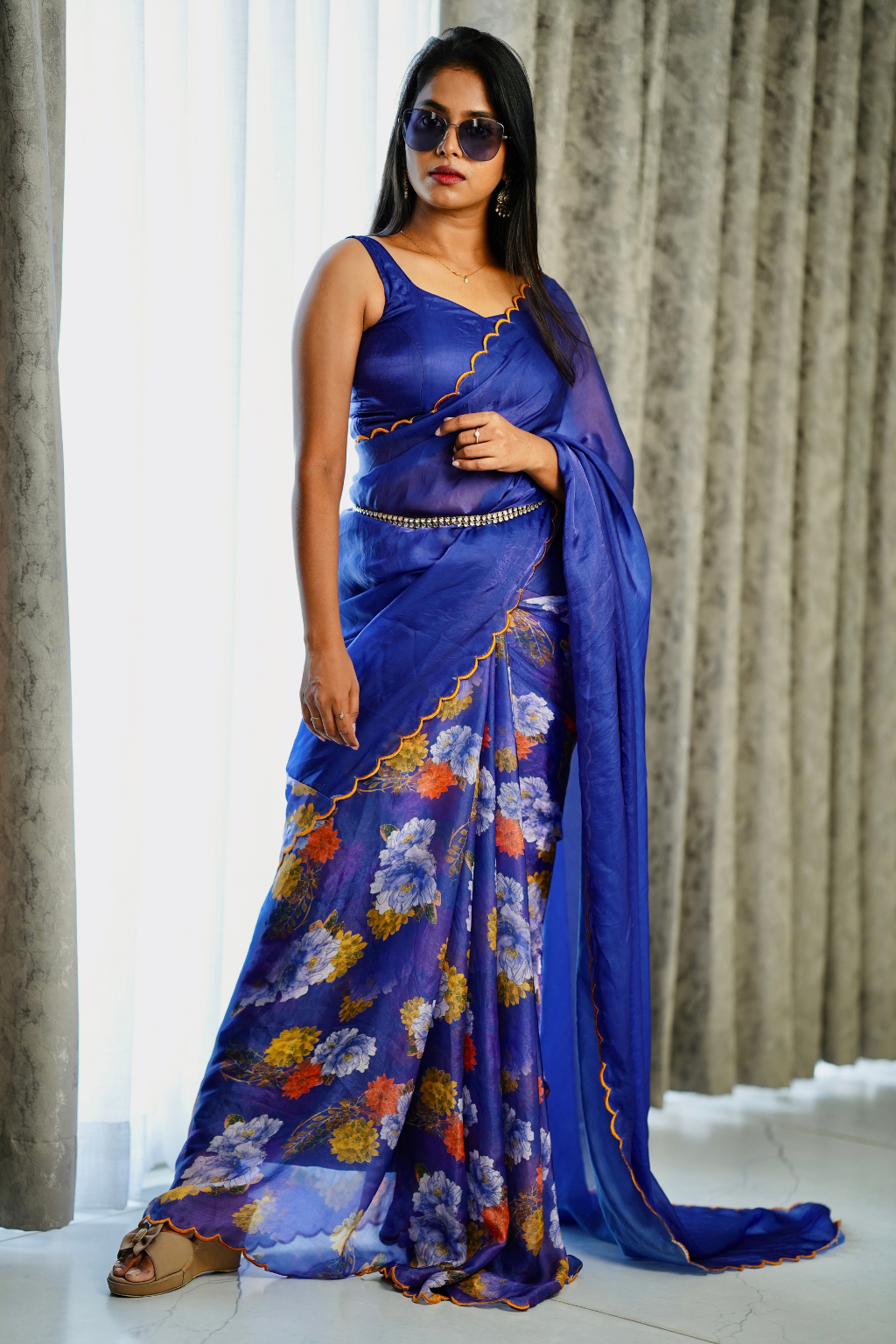 Blue Scallop Border With Glossy Fendi Floral Prints - Image 2