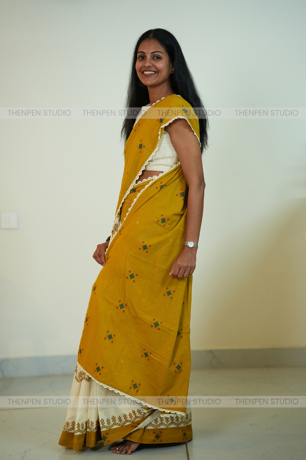 Thenpen Duo Mustard With Half white saree - Image 4