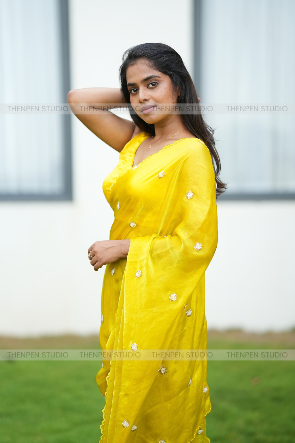 Vibrant Yellow - Handwork saree with Scallop Border - Image 2