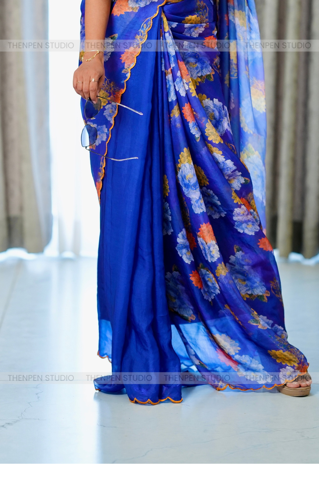 Blue Scallop Border With Glossy Fendi Floral Prints - Image 4