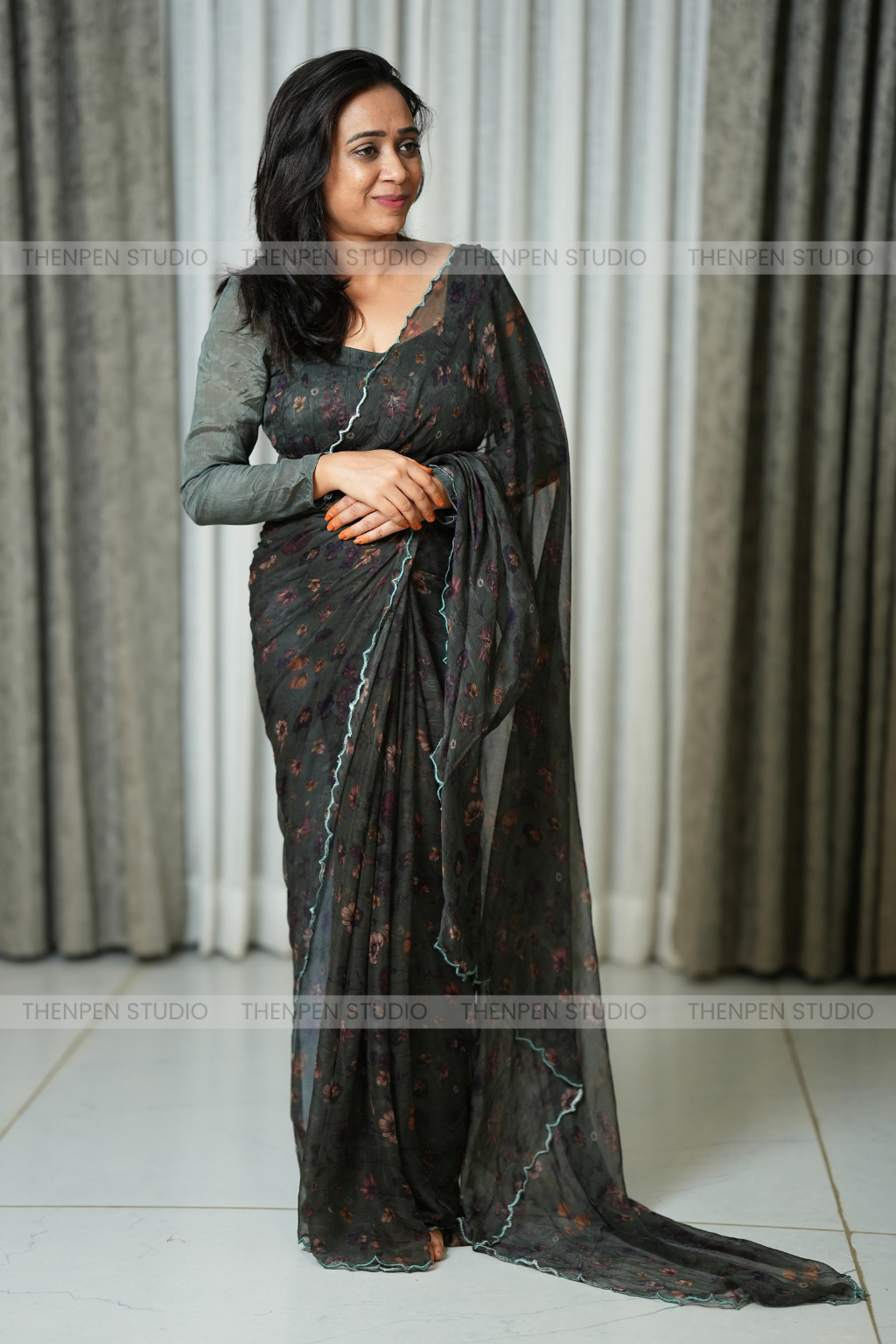 Scallop Border Chiffon Saree - Green - Image 4