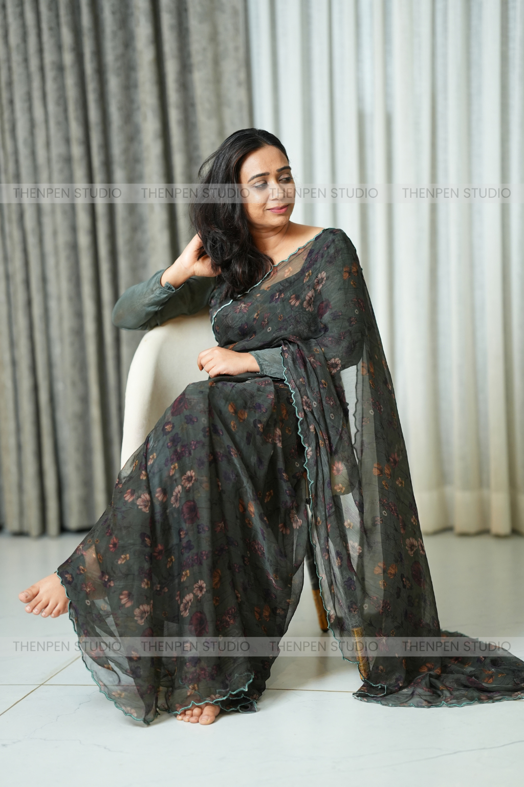 Scallop Border Chiffon Saree - Green - Image 3