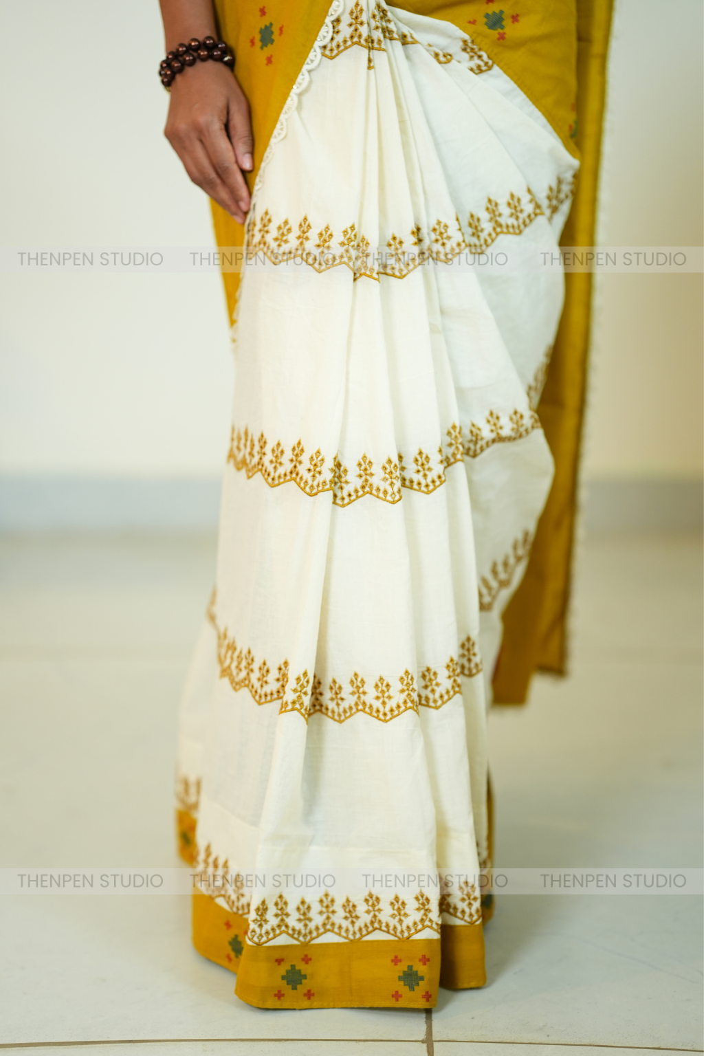 Thenpen Duo Mustard With Half white saree - Image 2