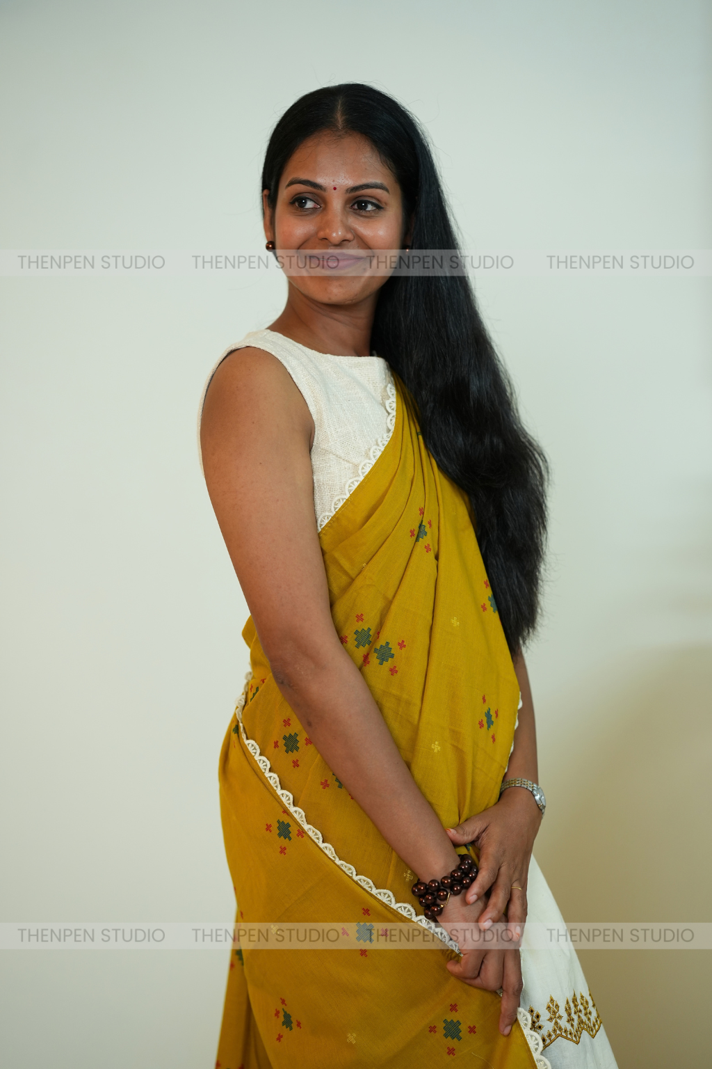 Thenpen Duo Mustard With Half white saree - Image 3