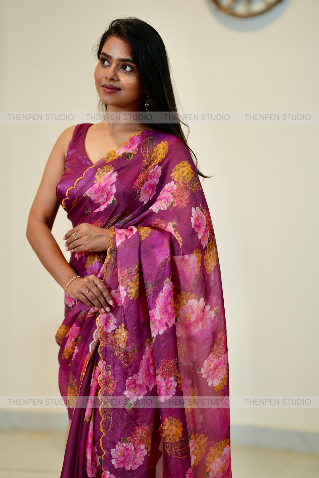 Purple Pink Scallop Border With Glossy Fendi Floral Prints - Image 2