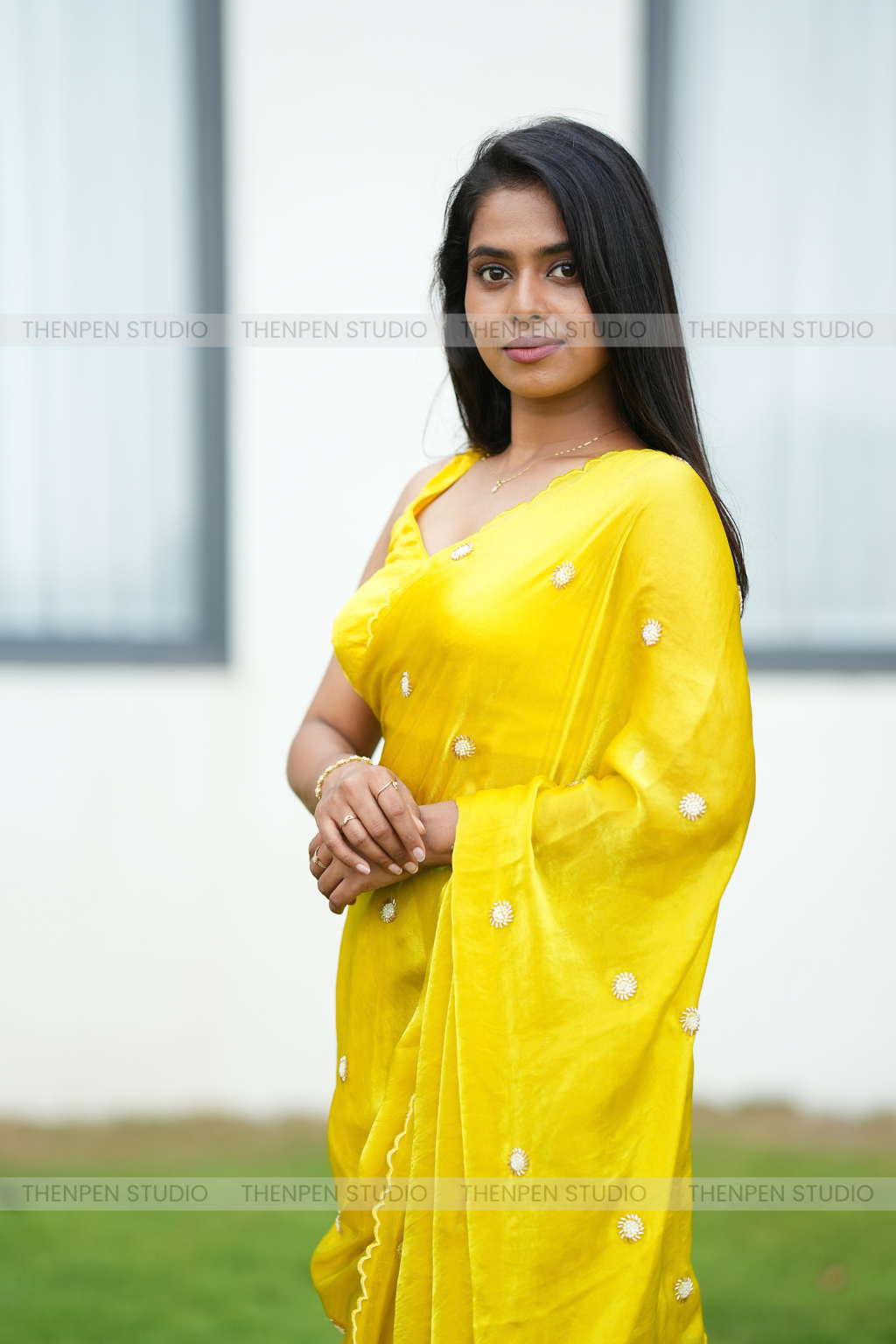 Vibrant Yellow - Handwork saree with Scallop Border - Image 4