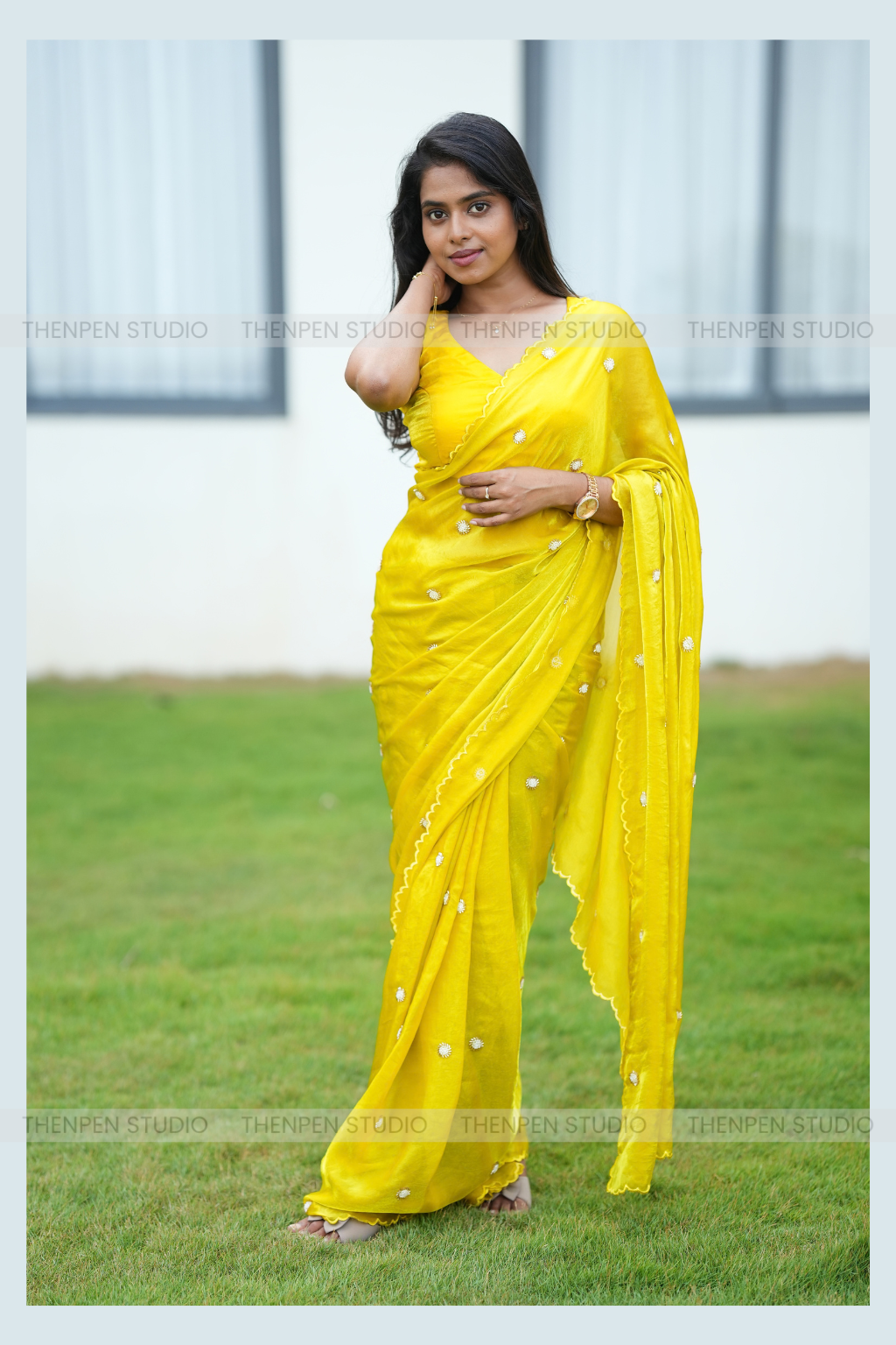 Vibrant Yellow - Handwork saree with Scallop Border - Image 5