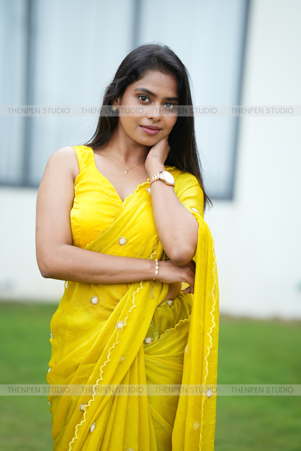 Vibrant Yellow - Handwork saree with Scallop Border - Image 3